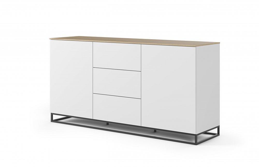 Buffet WHITY 2 blanc mat 180cm 2 portes/3 tiroirs Plateau en bois de chêne clair avec pieds noir métal